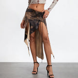 DERMEARNE WPNAKS Women Irregular Ruffle Hem Midi Skirt Summer Clothes 2025 Low Waist High Split Vintage Print Front Tie Up Skirt Sexy Club