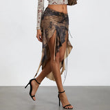 DERMEARNE WPNAKS Women Irregular Ruffle Hem Midi Skirt Summer Clothes 2025 Low Waist High Split Vintage Print Front Tie Up Skirt Sexy Club