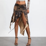 DERMEARNE WPNAKS Women Irregular Ruffle Hem Midi Skirt Summer Clothes 2025 Low Waist High Split Vintage Print Front Tie Up Skirt Sexy Club