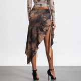 DERMEARNE WPNAKS Women Irregular Ruffle Hem Midi Skirt Summer Clothes 2025 Low Waist High Split Vintage Print Front Tie Up Skirt Sexy Club