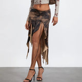 DERMEARNE WPNAKS Women Irregular Ruffle Hem Midi Skirt Summer Clothes 2025 Low Waist High Split Vintage Print Front Tie Up Skirt Sexy Club