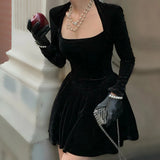 DERMEARNE WannaThis Velvet Square Corset A Line Women Formal Dress Bodycon Long Sleeve New Year Elegant Autumn Party Sexy Lady Mini Dress