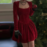 DERMEARNE WannaThis Velvet Square Corset A Line Women Formal Dress Bodycon Long Sleeve New Year Elegant Autumn Party Sexy Lady Mini Dress