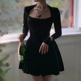 DERMEARNE WannaThis Velvet Square Corset A Line Women Formal Dress Bodycon Long Sleeve New Year Elegant Autumn Party Sexy Lady Mini Dress