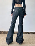 DERMEARNE Weekeep Punk Style Star-shaped Rivet Jeans Low Rise Multi-pockets Patchwork Denim Cargo Pants Korean Fashion Hippie Flared Jeans
