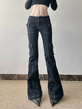 DERMEARNE Weekeep Punk Style Star-shaped Rivet Jeans Low Rise Multi-pockets Patchwork Denim Cargo Pants Korean Fashion Hippie Flared Jeans
