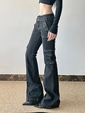 DERMEARNE Weekeep Punk Style Star-shaped Rivet Jeans Low Rise Multi-pockets Patchwork Denim Cargo Pants Korean Fashion Hippie Flared Jeans