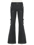 DERMEARNE Weekeep Punk Style Star-shaped Rivet Jeans Low Rise Multi-pockets Patchwork Denim Cargo Pants Korean Fashion Hippie Flared Jeans