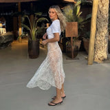 DERMEARNE White Lace Maxi Skirt Women Sexy See Through Beach Bikini Cover Up Skirts Summer Casual Loose High Waist Holiday Skirt 2025