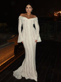 DERMEARNE White Off Shoulder Lace Up Flare Long Sleeve Slim Maxi Dress Women Hollow Out Mermaid Floor Length Vestidos Female Elegant Robe