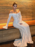 DERMEARNE White Off Shoulder Lace Up Flare Long Sleeve Slim Maxi Dress Women Hollow Out Mermaid Floor Length Vestidos Female Elegant Robe