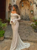 DERMEARNE White Off Shoulder Lace Up Flare Long Sleeve Slim Maxi Dress Women Hollow Out Mermaid Floor Length Vestidos Female Elegant Robe