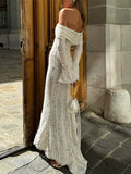 DERMEARNE White Off Shoulder Lace Up Flare Long Sleeve Slim Maxi Dress Women Hollow Out Mermaid Floor Length Vestidos Female Elegant Robe