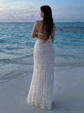 DERMEARNE White Ruffles Halter Beach Dress for Women Sexy Lace Up Draped Holidays Maxi Dresses Summer Backless Sleeveless Party Dress 2025