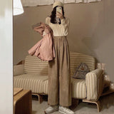 DERMEARNE Wide Leg Corduroy Pants Women Casual Aesthetic Baggy Trousers Autumn Warm Velvet Pantalones De Mujer Japanese Style High Waist