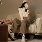 DERMEARNE Wide Leg Corduroy Pants Women Casual Aesthetic Baggy Trousers Autumn Warm Velvet Pantalones De Mujer Japanese Style High Waist