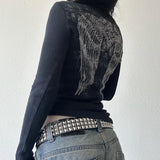 DERMEARNE Wings Graphic Print Black T-shirt Women Autumn Clothes Y2K Cyber Grunge Pullovers Tees 00s Retro Aesthetic Cottage Crop Tops