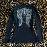 DERMEARNE Wings Graphic Print Black T-shirt Women Autumn Clothes Y2K Cyber Grunge Pullovers Tees 00s Retro Aesthetic Cottage Crop Tops