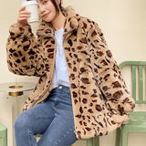 DERMEARNE Winter 2025 Korean Version Loose Warm Lamb Hair women Short Coat Female Leopard Fur Plush Coat