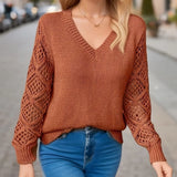 DERMEARNE Winter Autumn Knitted Sweater Top Women Fashion Hollow Casual Sweaters Pullover Female Elegant Solid V Neck Long Sleeve Knitwear