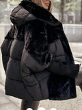 DERMEARNE Winter Comfort Chic Hooded Jacket Loose Zipper Coat Women's Cotton Coat Elastic Ribbed Sleeve Parka Faux Fur Spliced Overcoat