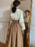 DERMEARNE Winter Dark Brown Vintage Skirt Women Harajuku Pocket Elegant Long Skirts Female Korean Fashion Designer Y2k Casual Skirts 2025