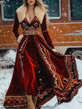 DERMEARNE Winter Ethnic Hair Collar Gold Velvet Party Dress Sexy Women Print Feather Bohe Long Dresses Retro High Waist Vacation Dresse