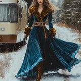 DERMEARNE Winter Ethnic Hair Collar Gold Velvet Party Dress Sexy Women Print Feather Bohe Long Dresses Retro High Waist Vacation Dresse