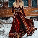 DERMEARNE Winter Ethnic Hair Collar Gold Velvet Party Dress Sexy Women Print Feather Bohe Long Dresses Retro High Waist Vacation Dresse