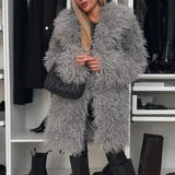 DERMEARNE Winter Fashion Soft Warm Outerwears Autumn Elegant Lapel Midi Woolen Jackets Women Causal Long Sleeve Solid Loose Faux Fur Coat