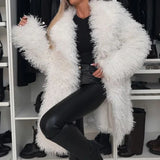 DERMEARNE Winter Fashion Soft Warm Outerwears Autumn Elegant Lapel Midi Woolen Jackets Women Causal Long Sleeve Solid Loose Faux Fur Coat