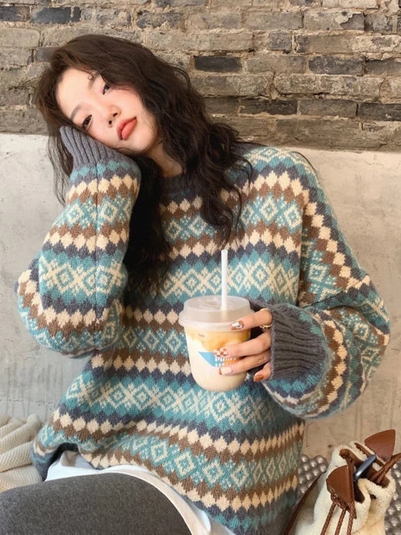 DERMEARNE Winter Knitwear Pullover Sweaters For Women Top Blue Vintage Long Loose Autres Sweats Warm Korea Fashion Kawaii Jersey Jumper