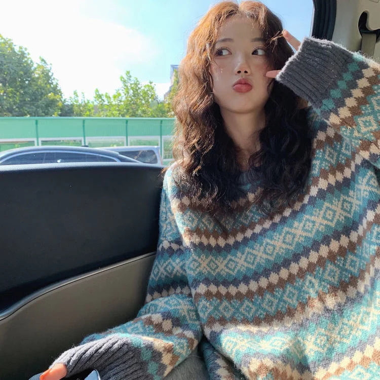 DERMEARNE Winter Knitwear Pullover Sweaters For Women Top Blue Vintage Long Loose Autres Sweats Warm Korea Fashion Kawaii Jersey Jumper