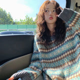 DERMEARNE Winter Knitwear Pullover Sweaters For Women Top Blue Vintage Long Loose Autres Sweats Warm Korea Fashion Kawaii Jersey Jumper