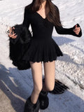 DERMEARNE Winter Korean Style Sexy Knit New One Piece Dress Women V Neck Vintage Elegant Mini Dress Female Ball Gown Designer Clothes 2025