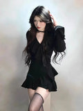 DERMEARNE Winter Sexy Black Knitted Mini Dress Women Vintage V-neck Irregular Ruffles Design Dress Autumn French Elegant Chic Party Dress