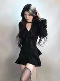 DERMEARNE Winter Sexy Black Knitted Mini Dress Women Vintage V-neck Irregular Ruffles Design Dress Autumn French Elegant Chic Party Dress