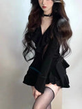 DERMEARNE Winter Sexy Black Knitted Mini Dress Women Vintage V-neck Irregular Ruffles Design Dress Autumn French Elegant Chic Party Dress