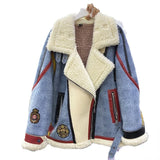 DERMEARNE Winter Women Turn Down Collar Motorcycle Lambswool Bomber Jacket Denim Stitching Fleece Cardigan Parkas Plush Velvet Jean Coat