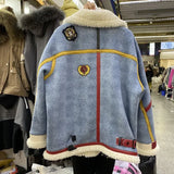 DERMEARNE Winter Women Turn Down Collar Motorcycle Lambswool Bomber Jacket Denim Stitching Fleece Cardigan Parkas Plush Velvet Jean Coat
