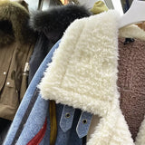 DERMEARNE Winter Women Turn Down Collar Motorcycle Lambswool Bomber Jacket Denim Stitching Fleece Cardigan Parkas Plush Velvet Jean Coat