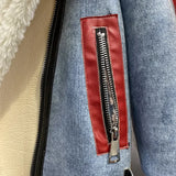 DERMEARNE Winter Women Turn Down Collar Motorcycle Lambswool Bomber Jacket Denim Stitching Fleece Cardigan Parkas Plush Velvet Jean Coat