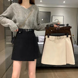 DERMEARNE With Belt Autumn and Winter High Waist A- line Skirt Black Skirt for Women Woman Skirts Faldas Jupe