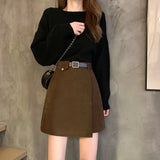 DERMEARNE With Belt Autumn and Winter High Waist A- line Skirt Black Skirt for Women Woman Skirts Faldas Jupe