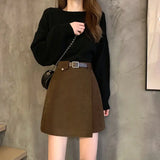 DERMEARNE With Belt Autumn and Winter High Waist A- line Skirt Black Skirt for Women Woman Skirts Faldas Jupe