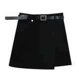 DERMEARNE With Belt Autumn and Winter High Waist A- line Skirt Black Skirt for Women Woman Skirts Faldas Jupe