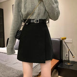 DERMEARNE With Belt Autumn and Winter High Waist A- line Skirt Black Skirt for Women Woman Skirts Faldas Jupe