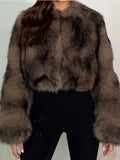 Dermearne Woman Fashion Solid Color Full Sleeve Short Faux Fur Coat Elegant Brown Fluffy Warm Loose Jacket New Winter High Street Wear