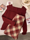 DERMEARNE Woman Harajuku Korean Fashion Suit Autumn Winter Red Irregular Knitted Sweater + High Waist Slim Y2k Mini Skirt Plaid Skirt Set