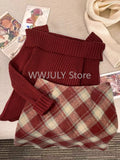 DERMEARNE Woman Harajuku Korean Fashion Suit Autumn Winter Red Irregular Knitted Sweater + High Waist Slim Y2k Mini Skirt Plaid Skirt Set